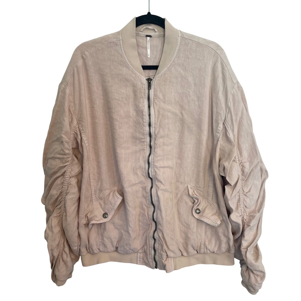 Free People Ruched Linen Blend Bomber Jacket Blush Pink Oversized Full Zip L